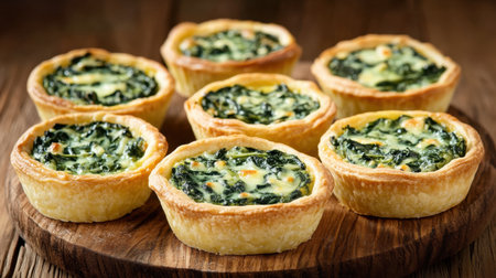Freshly baked spinach quiches presented on a wooden board, showcasing a golden flaky crust filled with rich and vibrant green spinach. Perfect for any occasion!の素材