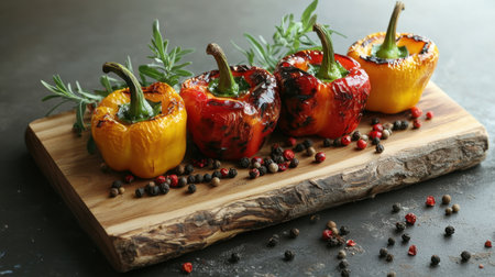 Discover a vibrant display of grilled bell peppers on a rustic wooden board, garnished with fresh herbs and colorful spices, perfect for any culinary setting.の素材