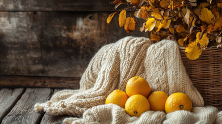 A warm and inviting still life featuring bright lemons alongside autumn leaves placed on cozy knit fabric, creating a rustic and homey ambiance.の素材