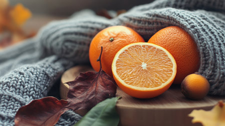 A warm still life featuring fresh oranges on a wooden board among autumn leaves and a cozy knit fabric, capturing the essence of seasonal harvest and natural beauty.の素材