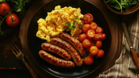 A vibrant breakfast plate featuring perfectly cooked sausages, fluffy scrambled eggs, and roasted cherry tomatoes. Ideal for a cozy meal to start your day.の素材