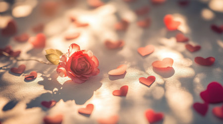 A beautiful rose surrounded by scattered heart shapes creates a romantic atmosphere, perfect for Valentine's Day or any celebration of love and tenderness.の素材