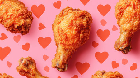 A vibrant display of crispy fried chicken drumsticks set against a playful pink background adorned with heart shapes. Perfect for food lovers!の素材