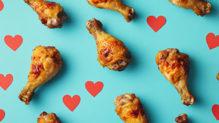 This fun and vibrant image features crispy chicken drumsticks arranged with playful heart shapes on a light blue background, perfect for food lovers.の素材
