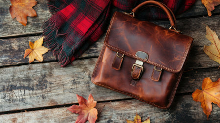 A classic brown leather bag rests on a rustic wooden surface, surrounded by vibrant autumn leaves. This aesthetic showcases seasonal elegance and cozy vibes.の素材