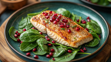 This image features a grilled salmon fillet garnished with pomegranate seeds, served on a bed of fresh spinach. Perfect for healthy meal ideas.の素材