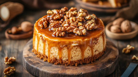 This delectable caramel walnut cheesecake offers a rich flavor with a smooth texture. Presented on a rustic wooden table, it's perfect for any dessert occasion.の素材