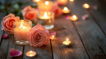 A beautiful display of soft pink roses and flickering candles on a rustic wooden table creates a tranquil and romantic atmosphere perfect for any occasion.の素材