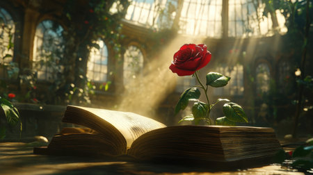 A captivating scene featuring a vintage book adorned with a blooming rose in a sun-drenched greenhouse. The interplay of light and nature creates a serene atmosphere.の素材
