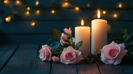This captivating image features two glowing candles surrounded by delicate pink roses, set against a softly lit background. Ideal for romantic themes.の素材