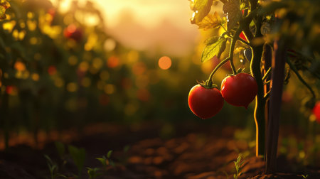 Lush garden scene featuring ripe red tomatoes hanging on green vines under warm sunlight, capturing the essence of agricultural beauty and nature's bounty.の素材