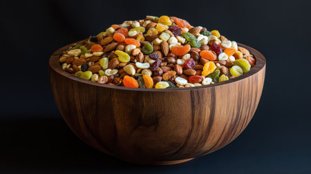 A vibrant assortment of dried fruits and nuts presented in a rustic wooden bowl, ideal for health-conscious snacks or culinary presentations. Perfect for sharing.の素材