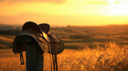 A beautifully crafted saddle rests on a wooden post, bathed in the warm glow of a sunset. Rolling fields stretch into the horizon, creating a serene rural landscape.の素材