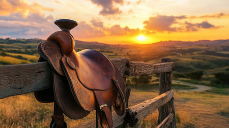 A rustic leather saddle rests on a wooden fence, framed by a stunning sunset over rolling hills. This serene landscape captures the essence of rural tranquility and adventure.の素材