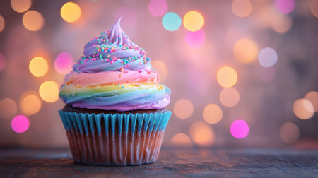 A delightful cupcake featuring colorful frosting swirls and sprinkles, set against a dreamy bokeh background. Perfect for celebrations and special occasions.の素材