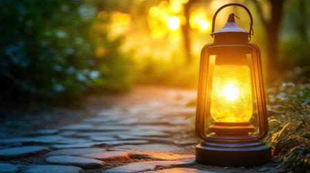 A vintage lantern casts a warm glow on a serene pathway surrounded by nature, capturing the tranquil beauty of sunset. Perfect for outdoor themes.の素材