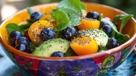 Discover a vibrant salad featuring fresh spinach, juicy blueberries, and tangy cherry tomatoes. This dish is perfect for a healthy snack or meal.の素材