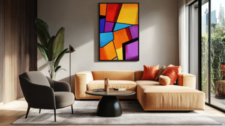 Bright and stylish modern living room featuring colorful abstract art, a cozy couch, and elegant decor, creating a welcoming and vibrant atmosphere.の素材