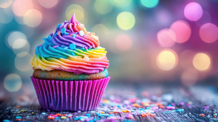 This vibrant cupcake features a colorful swirl of icing topped with bright sprinkles, set against a delightful bokeh background. Perfect for any celebration!の素材