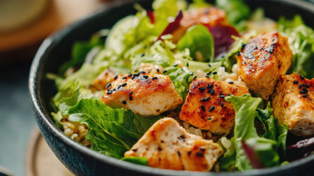 This vibrant grilled chicken salad features fresh greens, tender chicken, and colorful vegetables, offering a nutritious and appetizing meal option full of flavor.の素材