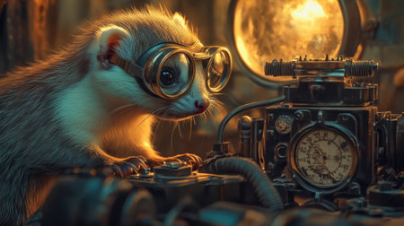 A charming furry creature with goggles curiously inspects a vintage control panel, capturing a moment of wonder in a whimsical, steampunk environment.の素材