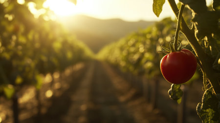 A vibrant red tomato hangs delicately in a sunlit vineyard, showcasing the beauty of nature. The golden light enhances the serene atmosphere of rural agriculture.の素材