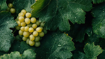 Close-up of fresh green grapes nestled among lush green leaves, adorned with dew drops, showcasing nature's beauty and the essence of harvest season.の素材