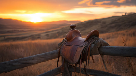 A rustic leather saddle rests on a wooden fence during a vibrant sunset, showcasing a tranquil rural landscape with rolling hills and warm colors.の素材