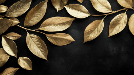 A stunning arrangement of golden leaves on a dark background, perfect for adding elegance and warmth to any design project or decor style.の素材