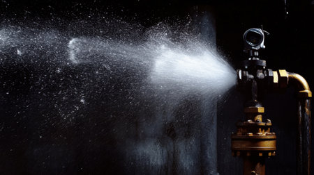 High-pressure water spraying from an industrial pipe creates dynamic motion against a dark background, showcasing fluid dynamics and machinery in action.の素材