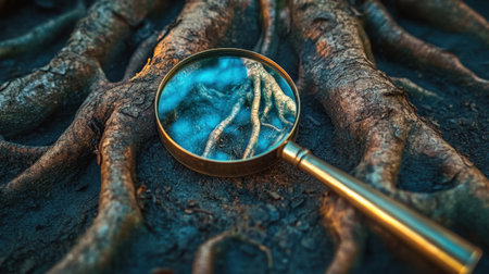 A detailed view of tree roots under a magnifying glass, showcasing the intricate patterns and textures of nature. This image invites exploration and discovery.の素材