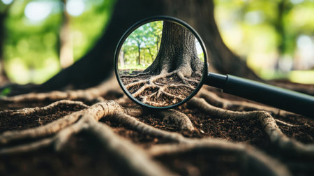 A close-up view through a magnifying glass showcasing intricate tree roots embracing the Earth, revealing nature beauty and complexity in a serene environment.の素材