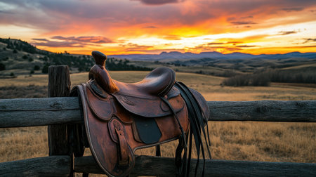 A rustic leather saddle rests on a wooden fence as the sun sets over a serene rural landscape, showcasing vibrant colors and scenic beauty in nature.の素材