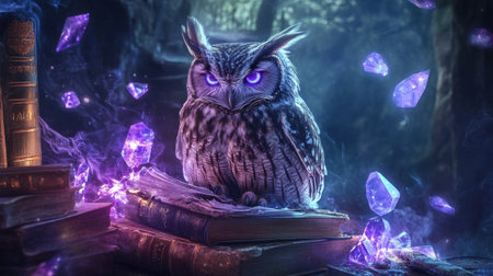 A stunning enchanted owl perches on ancient books surrounded by glowing purple crystals. This mystical scene captures the beauty and wisdom of nature, inviting viewers into a realm of fantasy and magic.の素材