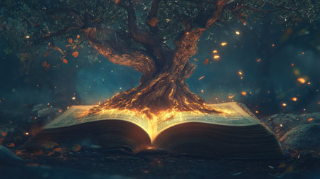 A captivating scene of an open book with a majestic tree sprouting from its pages, surrounded by a mystical glow and falling leaves, evoking a sense of wonder and imagination.の素材
