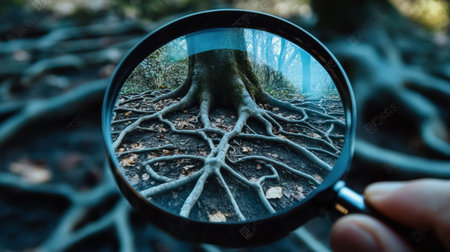 A captivating close-up view of intricate tree roots magnified through a glass lens, set in a serene forest environment, showcasing nature's beautiful details.の素材