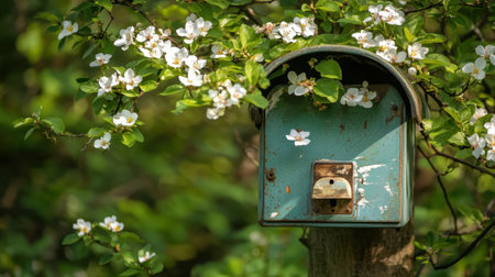 A rustic mailbox sits amidst blooming flowers, showcasing the beauty of spring. The charming scene highlights nature's grace and tranquility in a rural setting.の素材