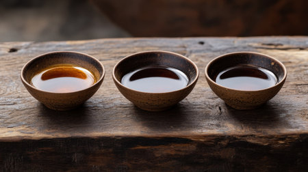This image features three beautiful bowls of tea presented on a rustic wooden surface, creating a serene atmosphere perfect for relaxation and enjoyment.の素材
