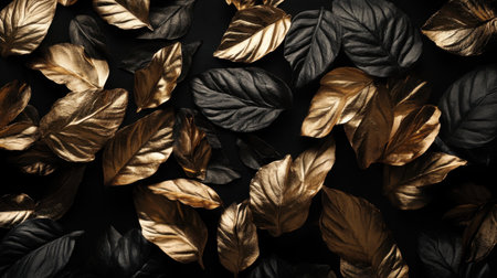 Explore a captivating background of black and gold leaves arranged artistically. Perfect for design projects seeking a modern and elegant touch with rich textures.の素材