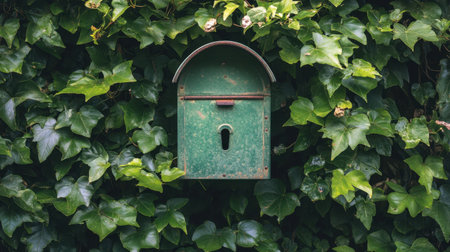 A vintage green mailbox is nestled among dense ivy leaves on a wall, creating a serene and tranquil atmosphere in a lush garden setting.の素材