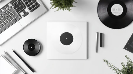 A minimalist workspace featuring a vinyl record, a laptop, and stylish office supplies. Perfect for creatives who appreciate music, design, and functionality.の素材