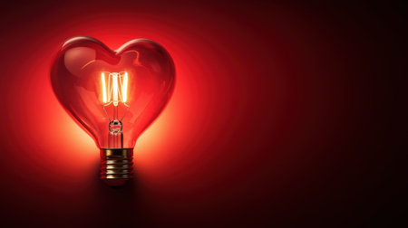 A stunning heart-shaped light bulb emits a warm glow against a striking red background, perfect for themes of love, romance, and creativity in design.の素材