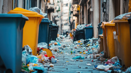 A narrow urban alleyway filled with scattered litter and garbage bins. The scene highlights waste management challenges and urban pollution.の素材