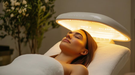 A serene image capturing a woman enjoying a relaxing light therapy session in a spa treatment room. The ambiance promotes wellness and rejuvenation.の素材