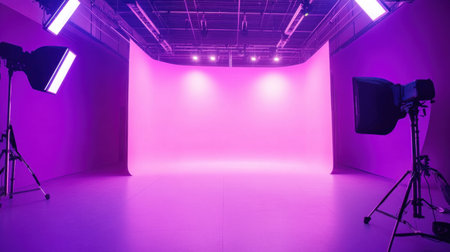A modern photography studio featuring a vibrant pink backdrop and professional lighting equipment. Ideal for creative projects, photoshoots, and artistic endeavors.の素材