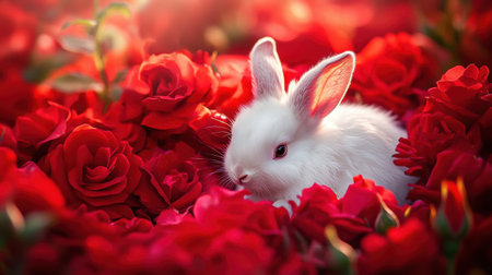 A charming white bunny nestled among radiant red roses, capturing the essence of nature's beauty. This soft, serene scene evokes feelings of tranquility and joy.の素材