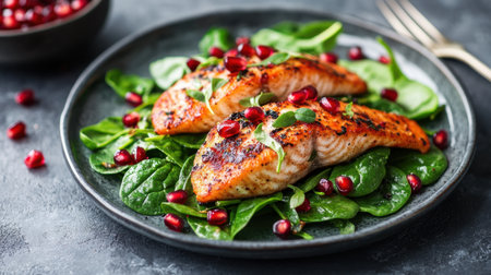 Enjoy a delicious grilled salmon fillet served on a bed of fresh spinach, garnished with vibrant pomegranate seeds, perfect for a healthy meal.の素材