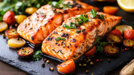 Succulent grilled salmon fillet served with roasted cherry tomatoes and fresh herbs on a slate plate. This vibrant dish inspires healthy gourmet meals.の素材