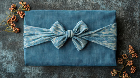 A beautifully wrapped blue gift featuring a stylish bow, set against a textured background. Accentuated by decorative elements, it embodies elegance and charm.の素材