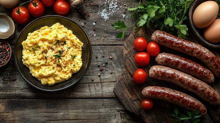 A vibrant arrangement of fresh breakfast ingredients featuring fluffy scrambled eggs, savory sausages, and ripe tomatoes on a rustic wooden table. Perfect for meal preparation.の素材